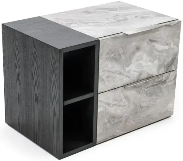 Noe Minn 26 Inch Nightstand, 2 Drawers, Faux Marble Front Panels, Gray - Benzara