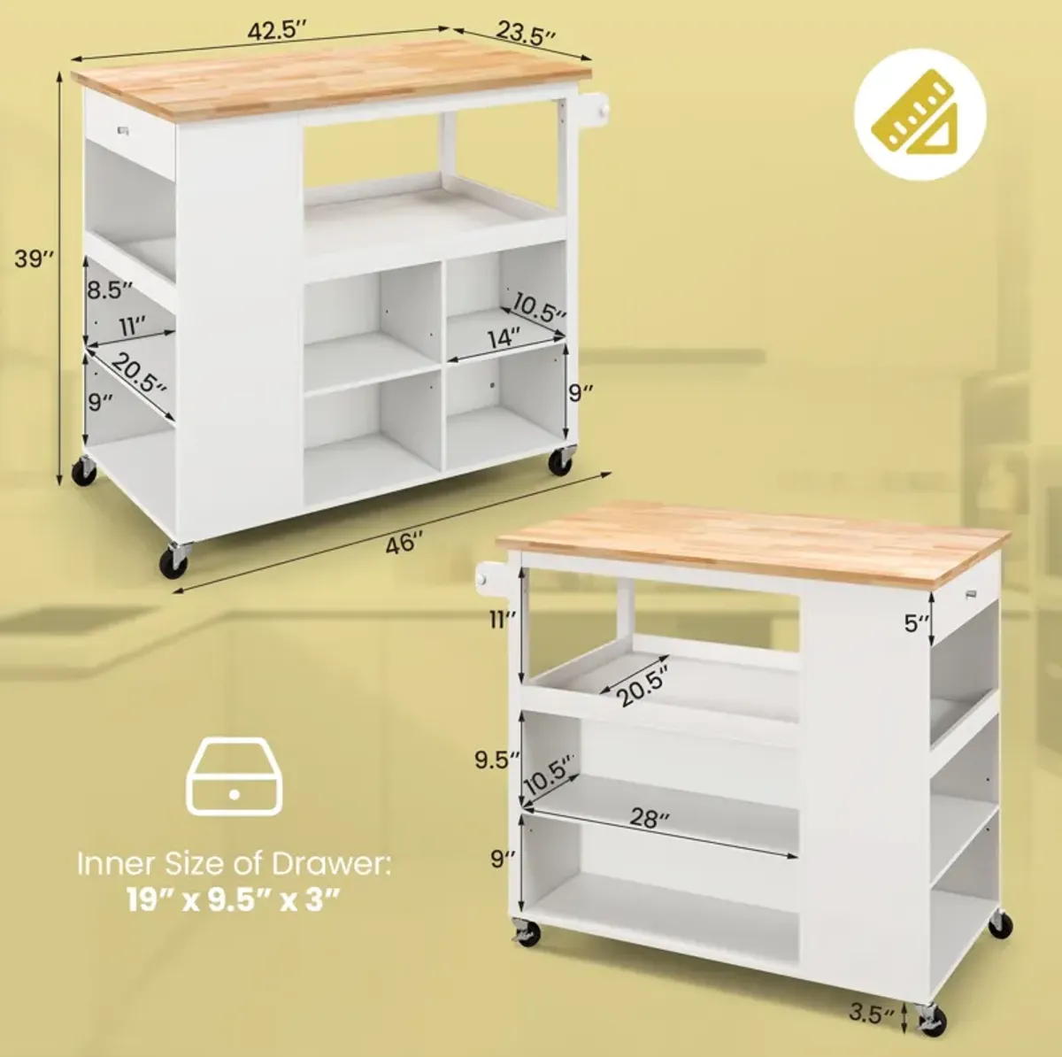 Kitchen Island Trolley Cart on Wheels with Storage Open Shelves and Drawer-White