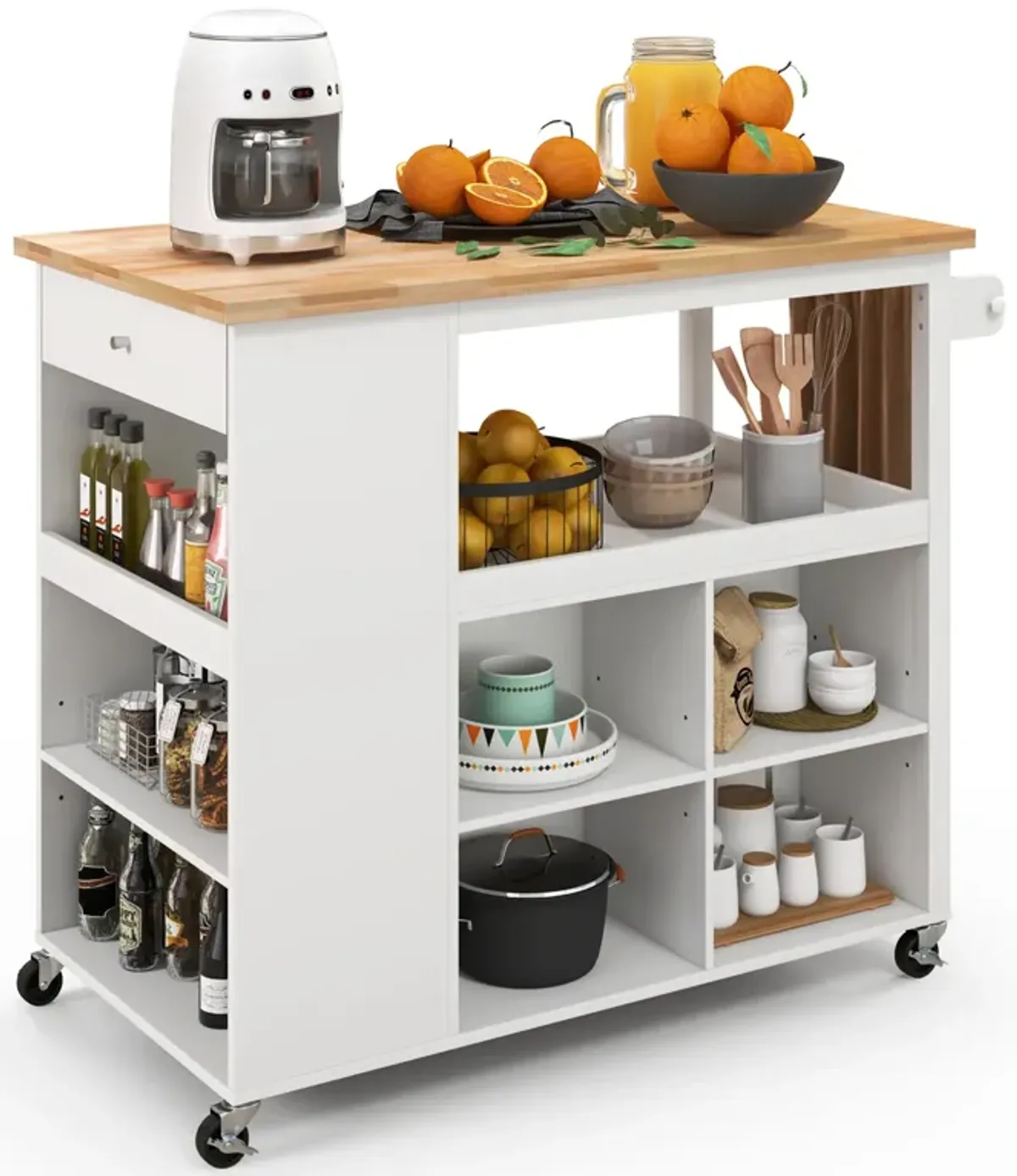 Kitchen Island Trolley Cart on Wheels with Storage Open Shelves and Drawer-White