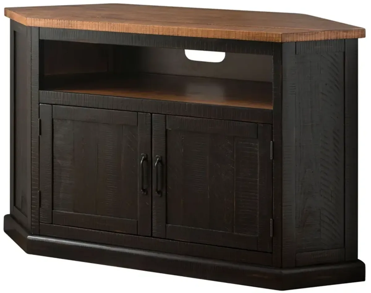 Rustic Style Wooden Corner TV Stand with 2 Door Cabinet, Brown-Benzara