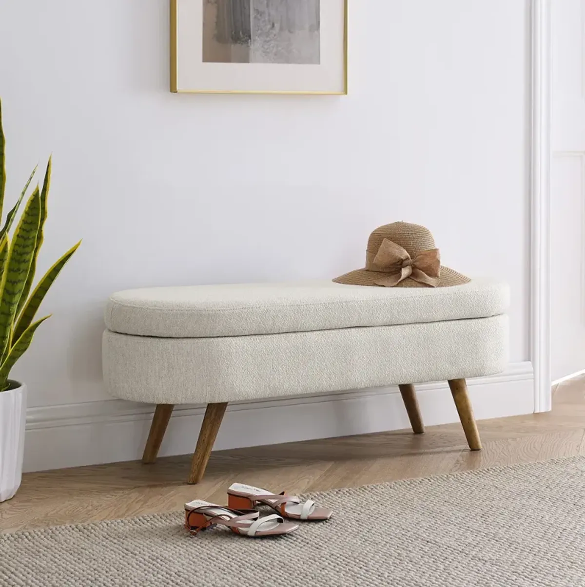 Ottoman Oval Storage Bench, Rubberwood Legs