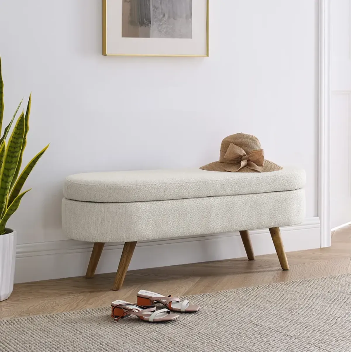 Ottoman Oval Storage Bench, Rubberwood Legs