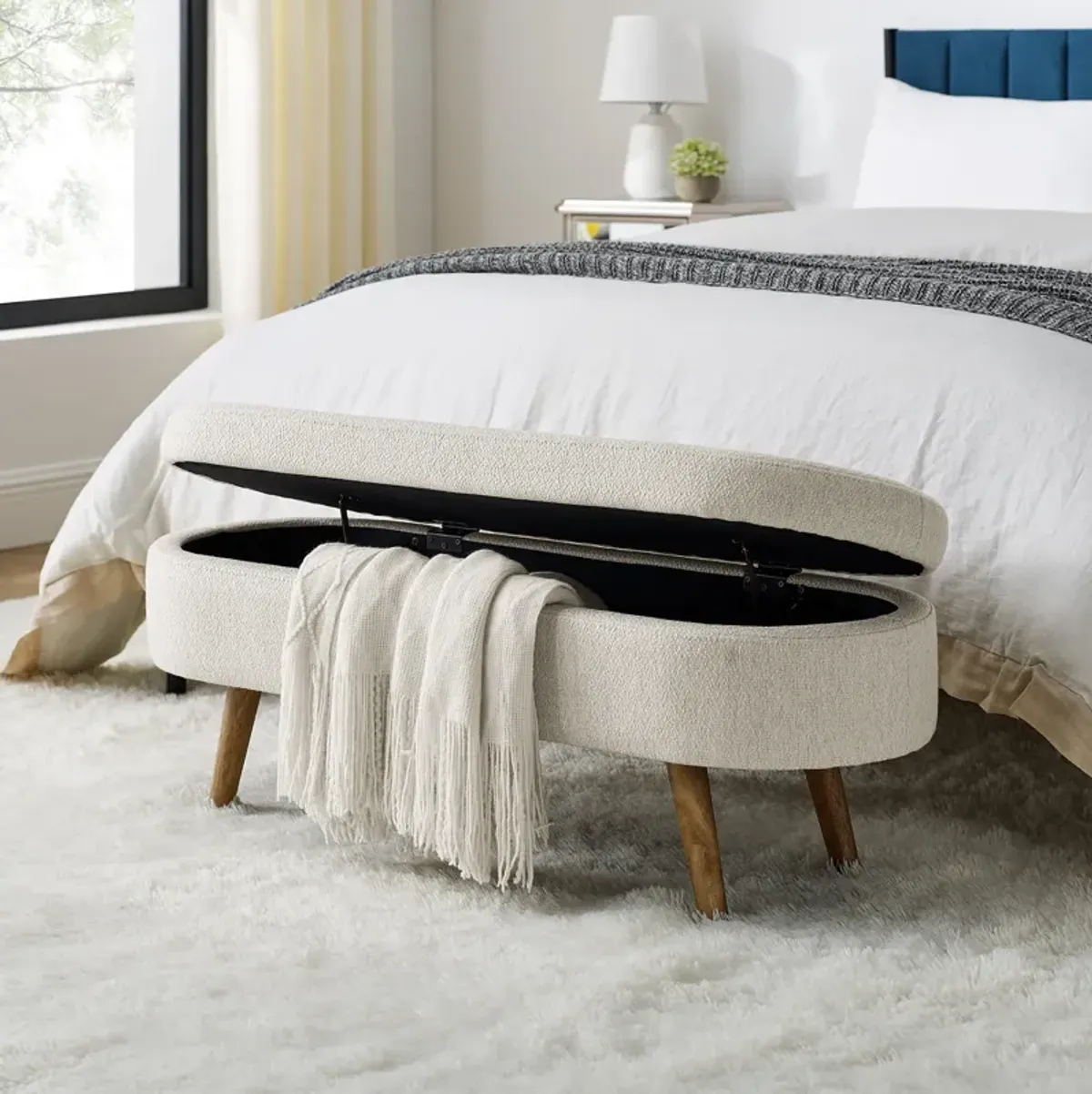 Ottoman Oval Storage Bench, Rubberwood Legs