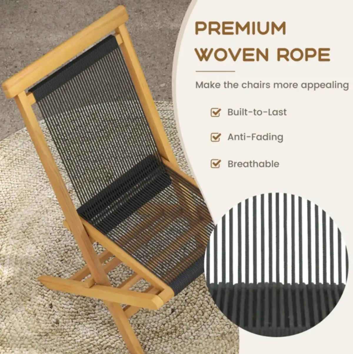 Hivvago 2 Piece Patio Folding Chairs with Woven Rope Seat and Back for Porch Backyard Poolside