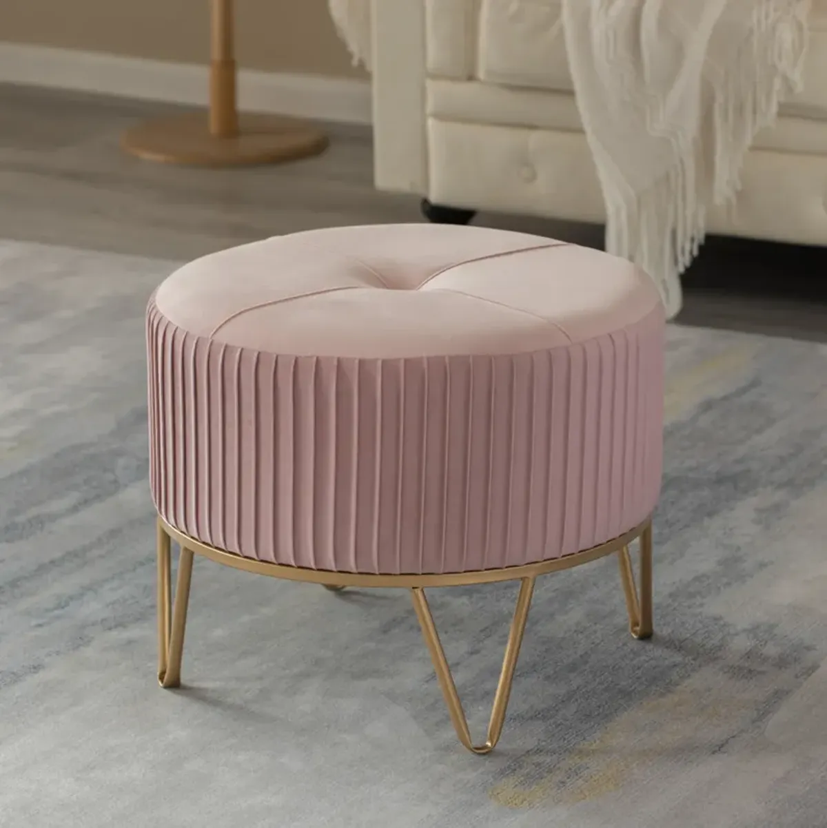 Round Velvet Ottoman Stool Raised with Hairpin Gold Base, Pink, Medium