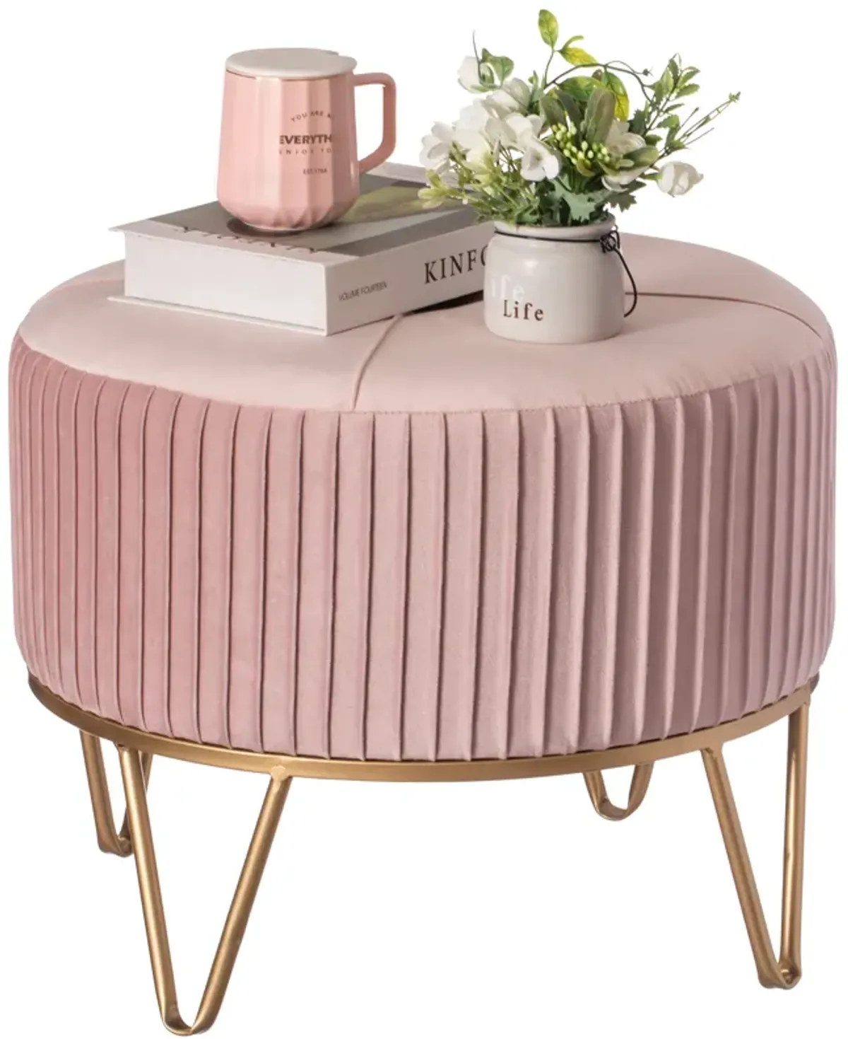 Round Velvet Ottoman Stool Raised with Hairpin Gold Base, Pink, Medium