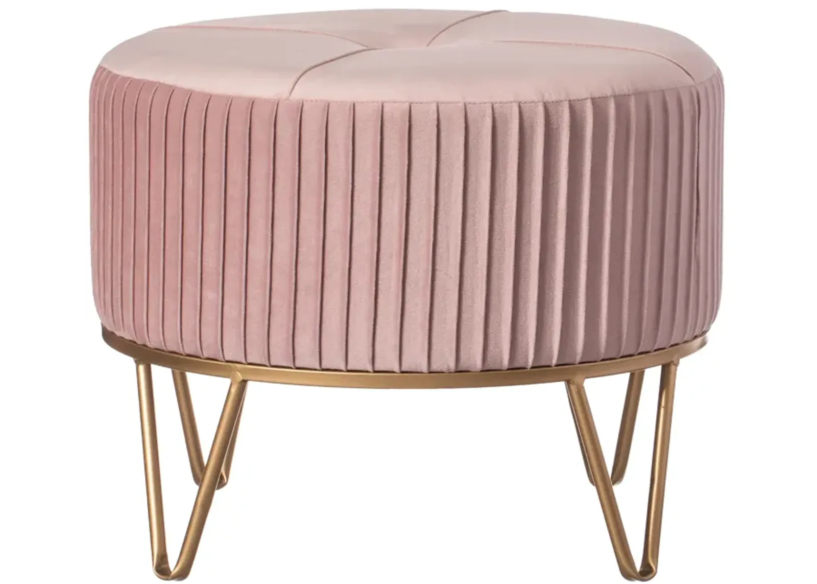 Round Velvet Ottoman Stool Raised with Hairpin Gold Base, Pink, Medium