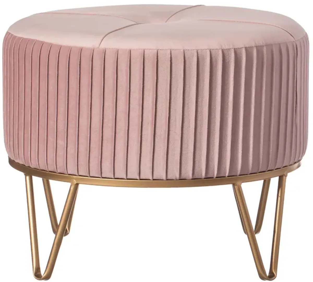 Round Velvet Ottoman Stool Raised with Hairpin Gold Base, Pink, Medium