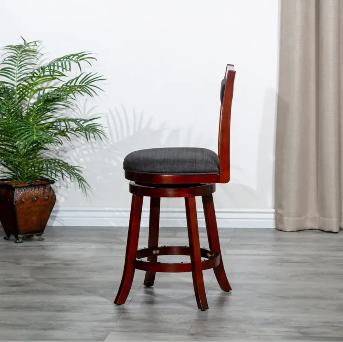 30" Bar Height X-Back Swivel Stool, Stool, Cherry Finish, Charcoal Fabric Seat