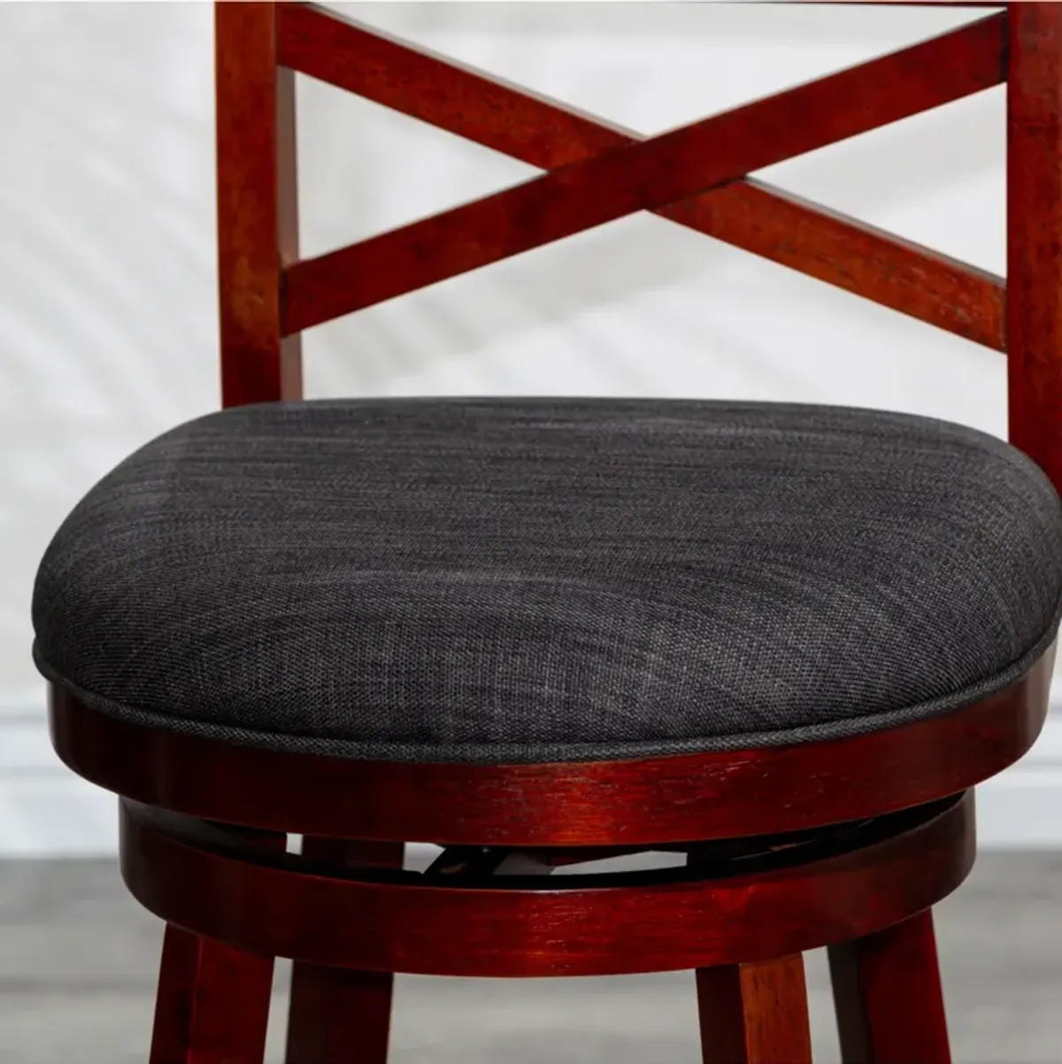 30" Bar Height X-Back Swivel Stool, Stool, Cherry Finish, Charcoal Fabric Seat