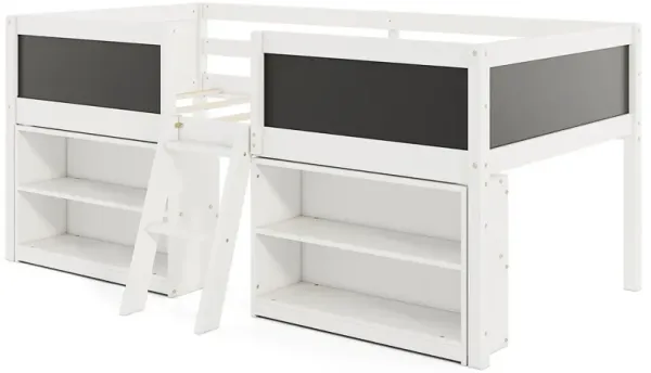 Kid Low Loft Bed with Chalkboard Ramp Ladder and Bookcases