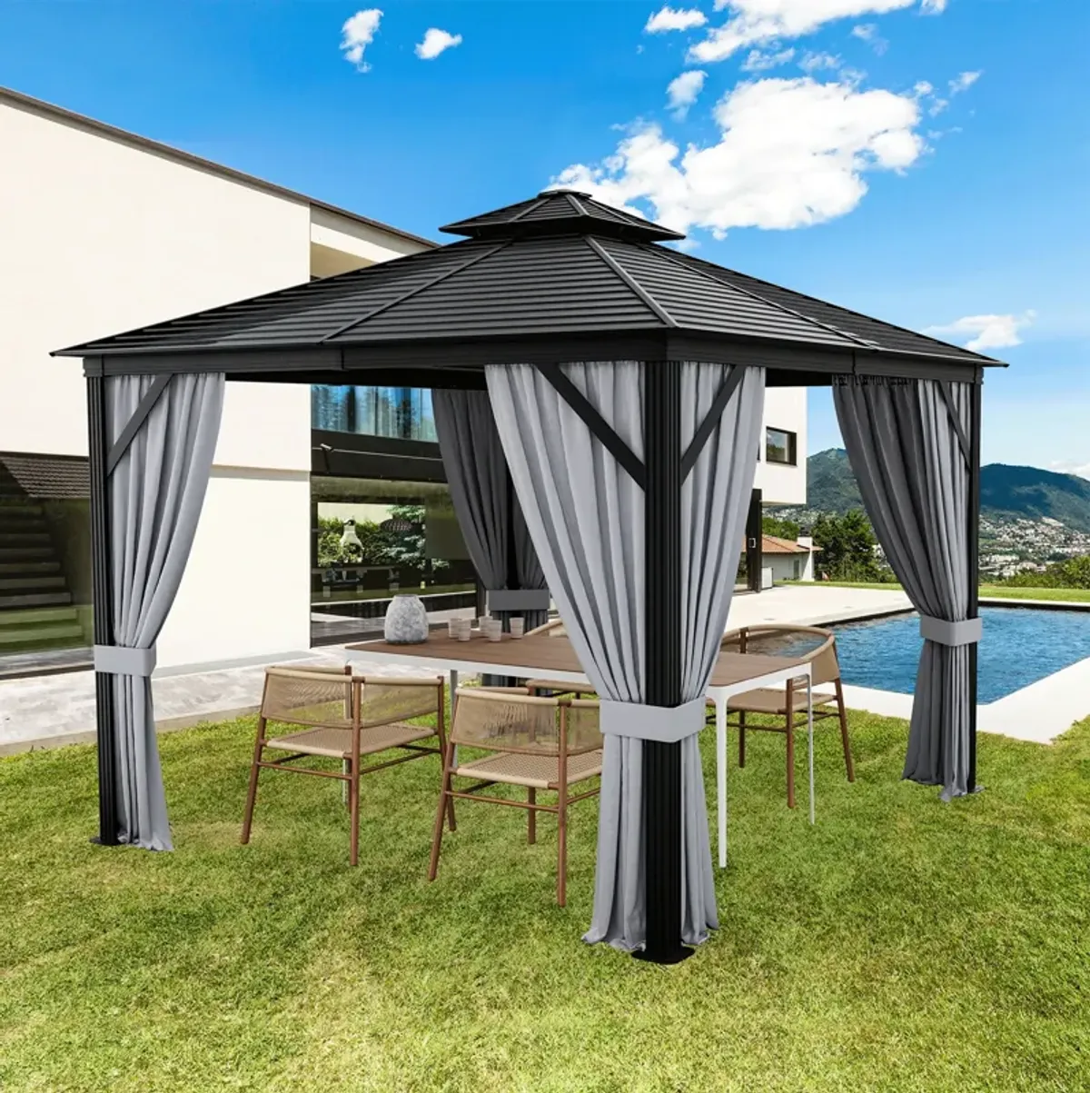 10 x 10 Feet Double-Top Hardtop Gazebo with Galvanized Steel Roof for Outdoor Shade and Protection