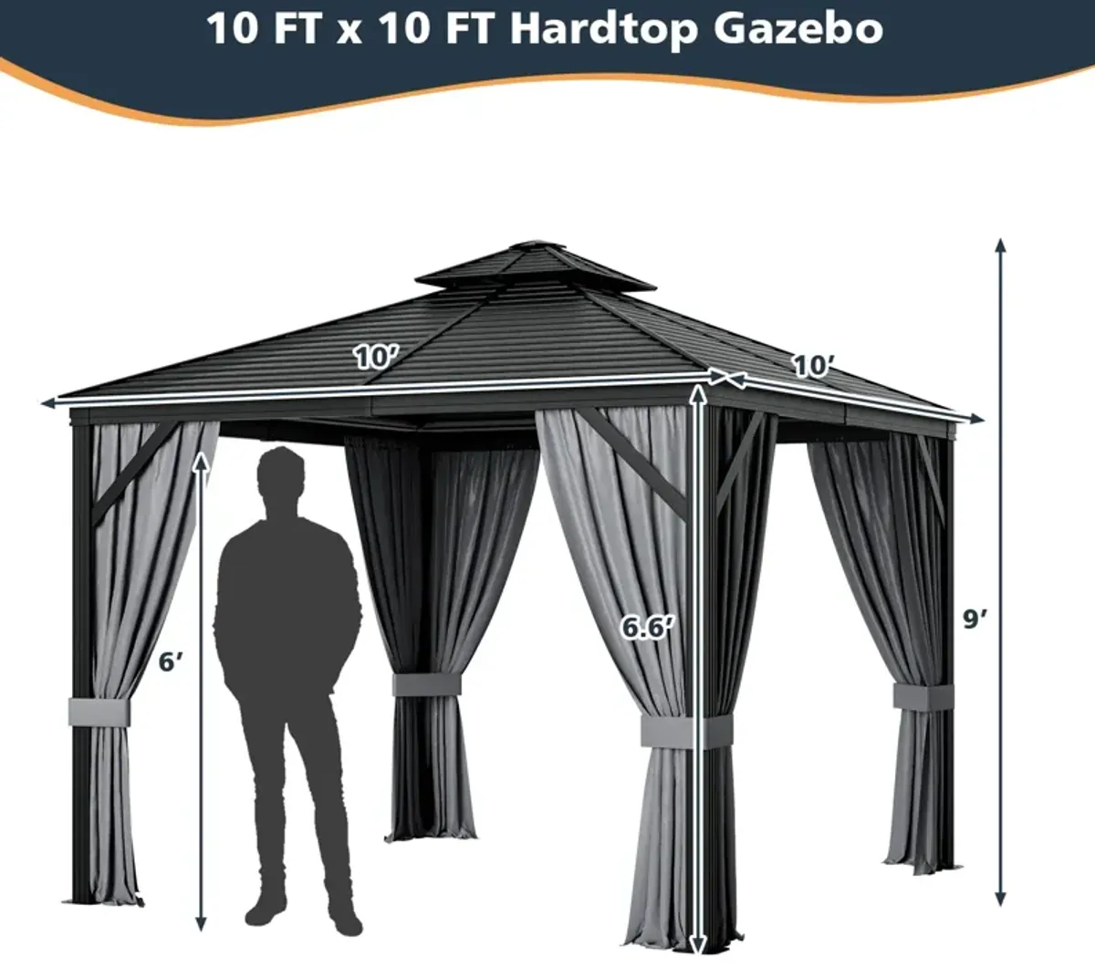 10 x 10 Feet Double-Top Hardtop Gazebo with Galvanized Steel Roof for Outdoor Shade and Protection