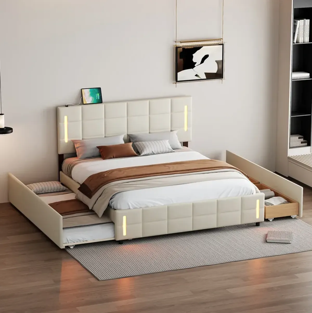 Merax Linen Platform Bed with Trundle and Drawers