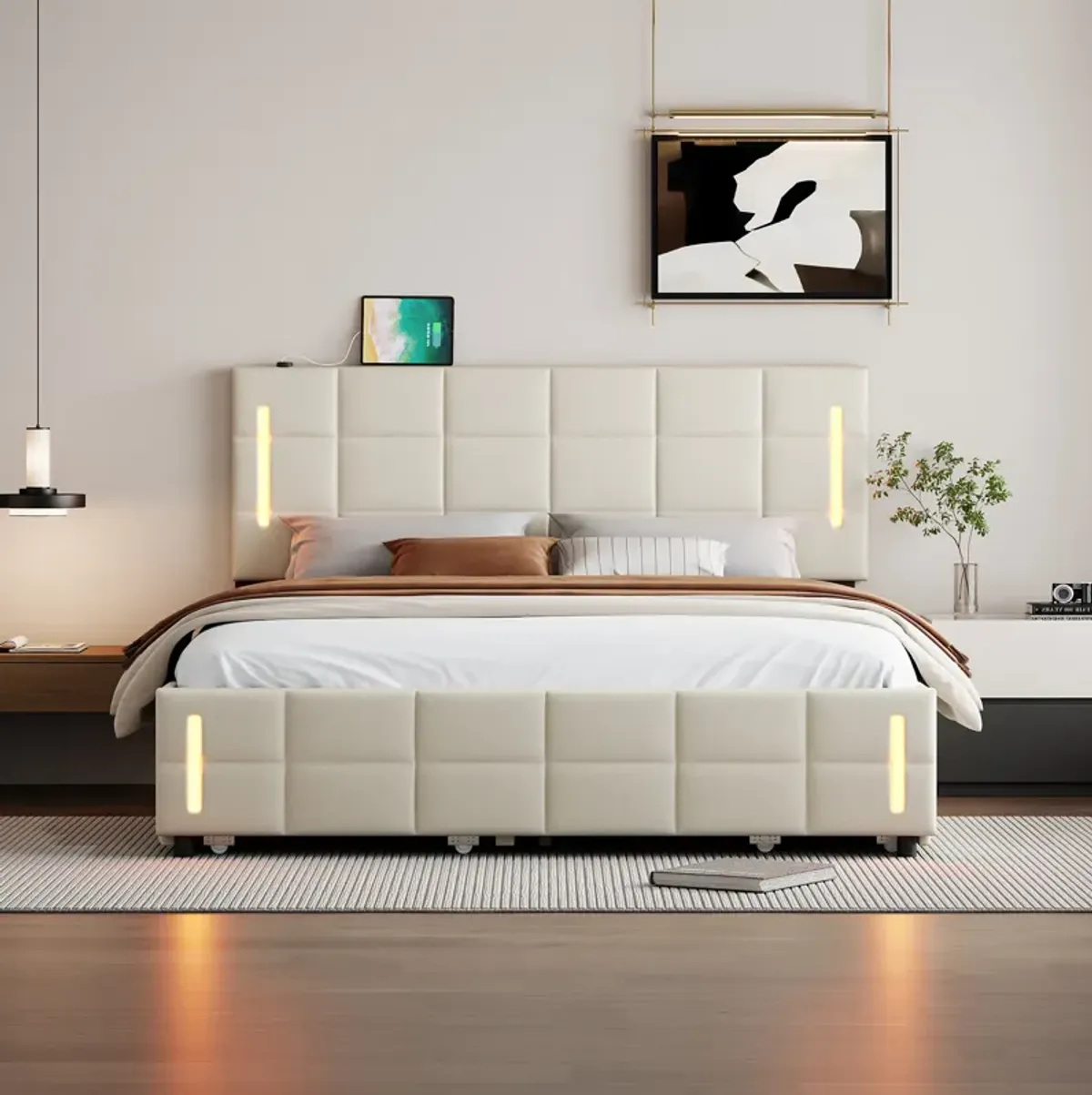 Merax Linen Platform Bed with Trundle and Drawers