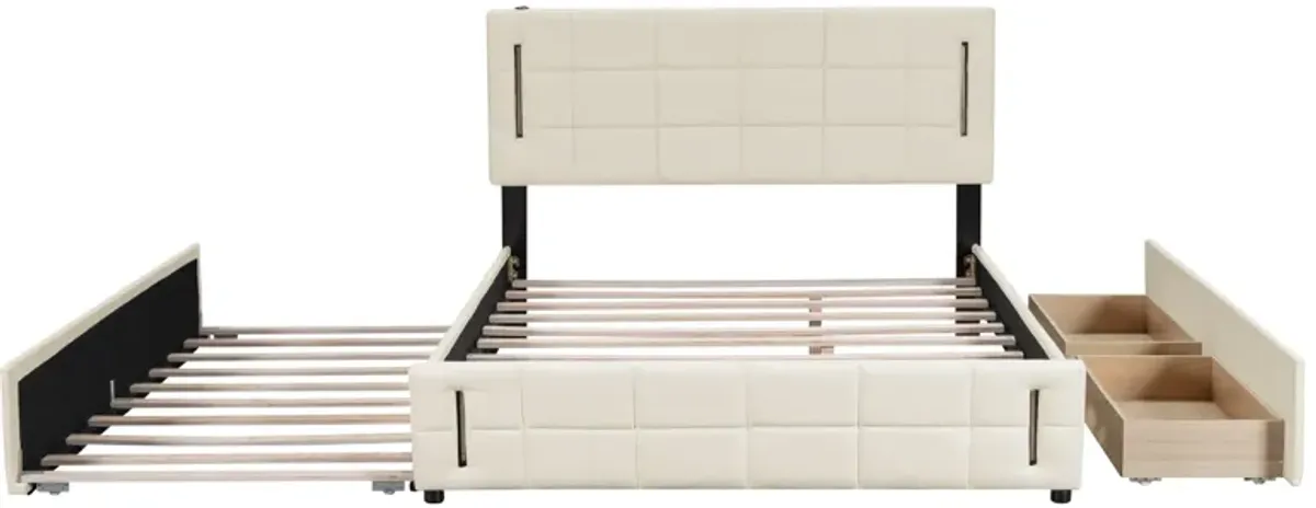 Merax Linen Platform Bed with Trundle and Drawers