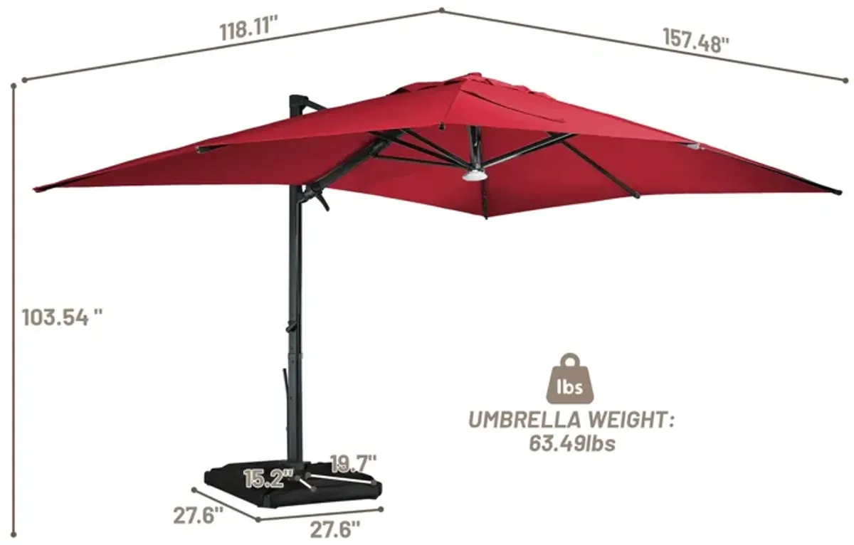 10x13 ft. 360° Rotation Cantilever Patio Umbrella with BaseandBT in Red