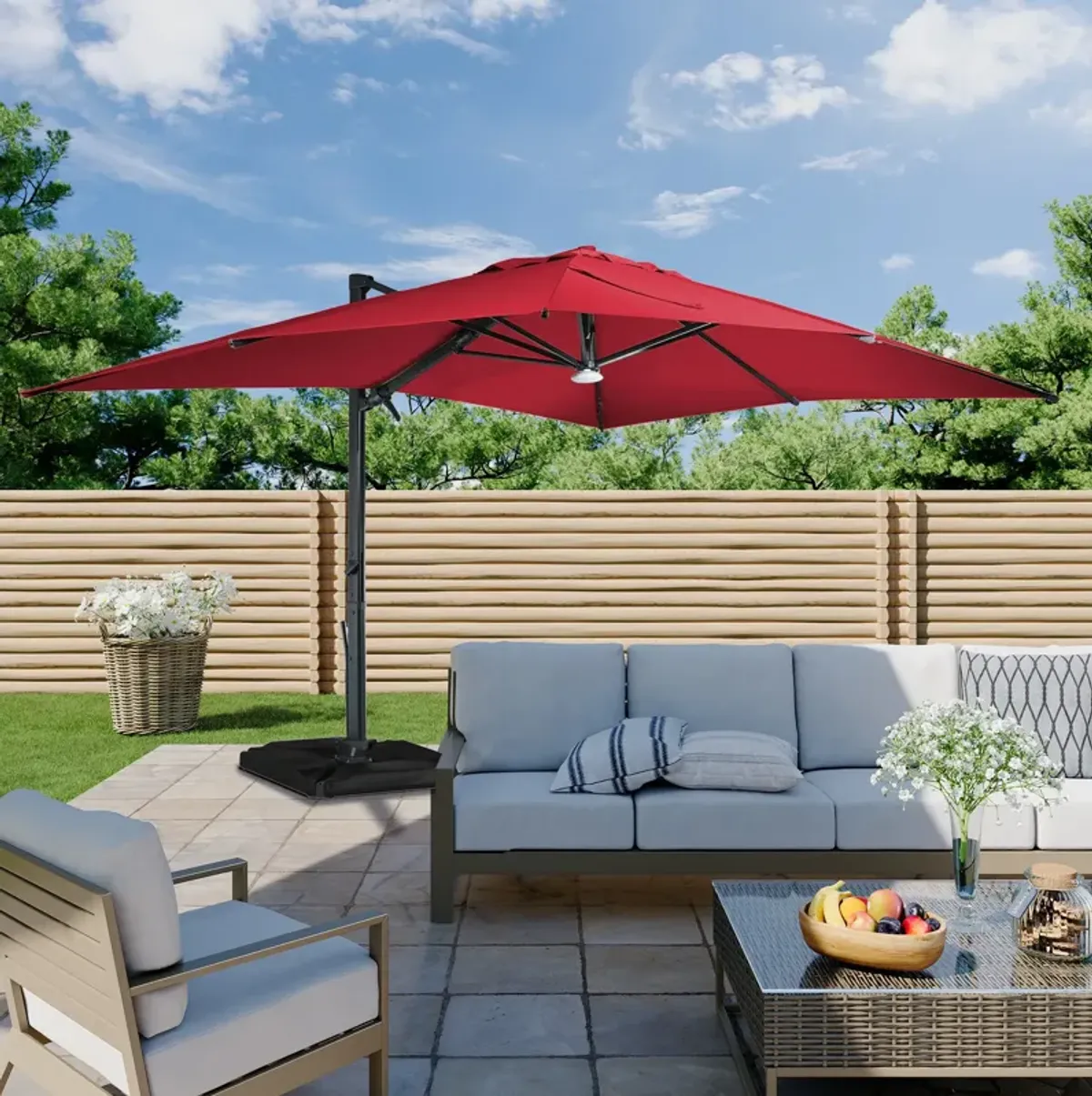 10x13 ft. 360° Rotation Cantilever Patio Umbrella with BaseandBT in Red