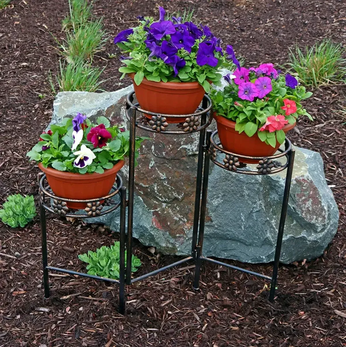 Sunnydaze Bronze Painted Metal 3-Tier Staggered Folding Plant Stand - 29 in