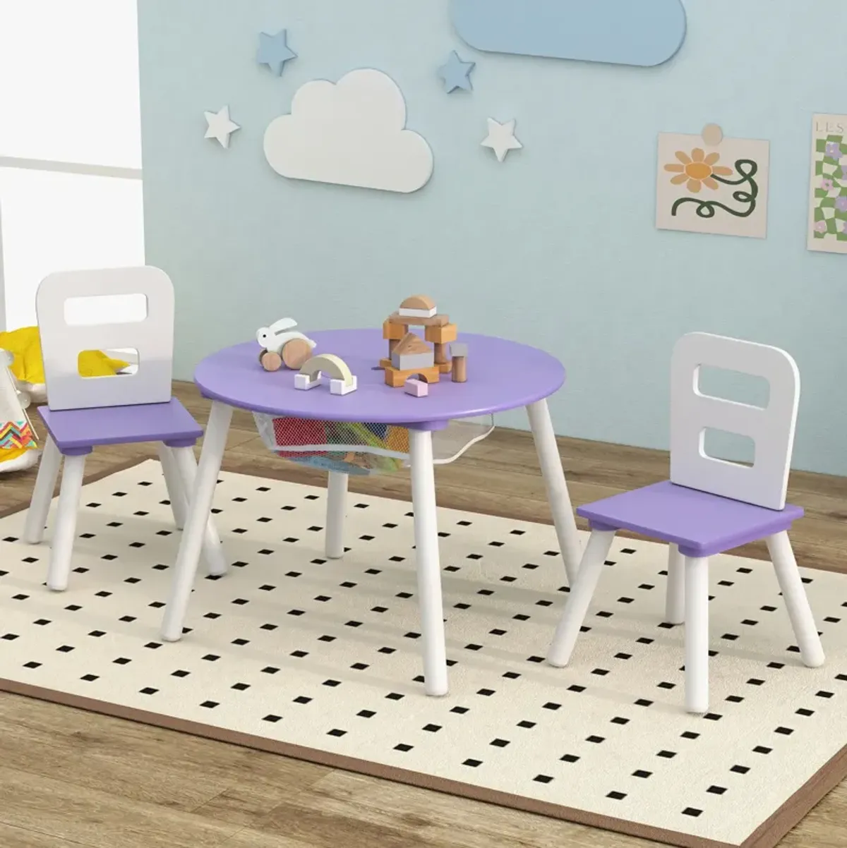 Wood Activity Kids Table and Chair Set with Center Mesh Storage for Snack Time and Homework