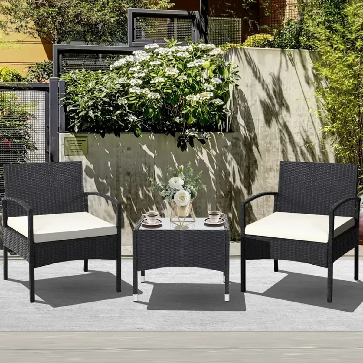 3 Pieces Patio Wicker Rattan Furniture Set with Cushion for Lawn Backyard