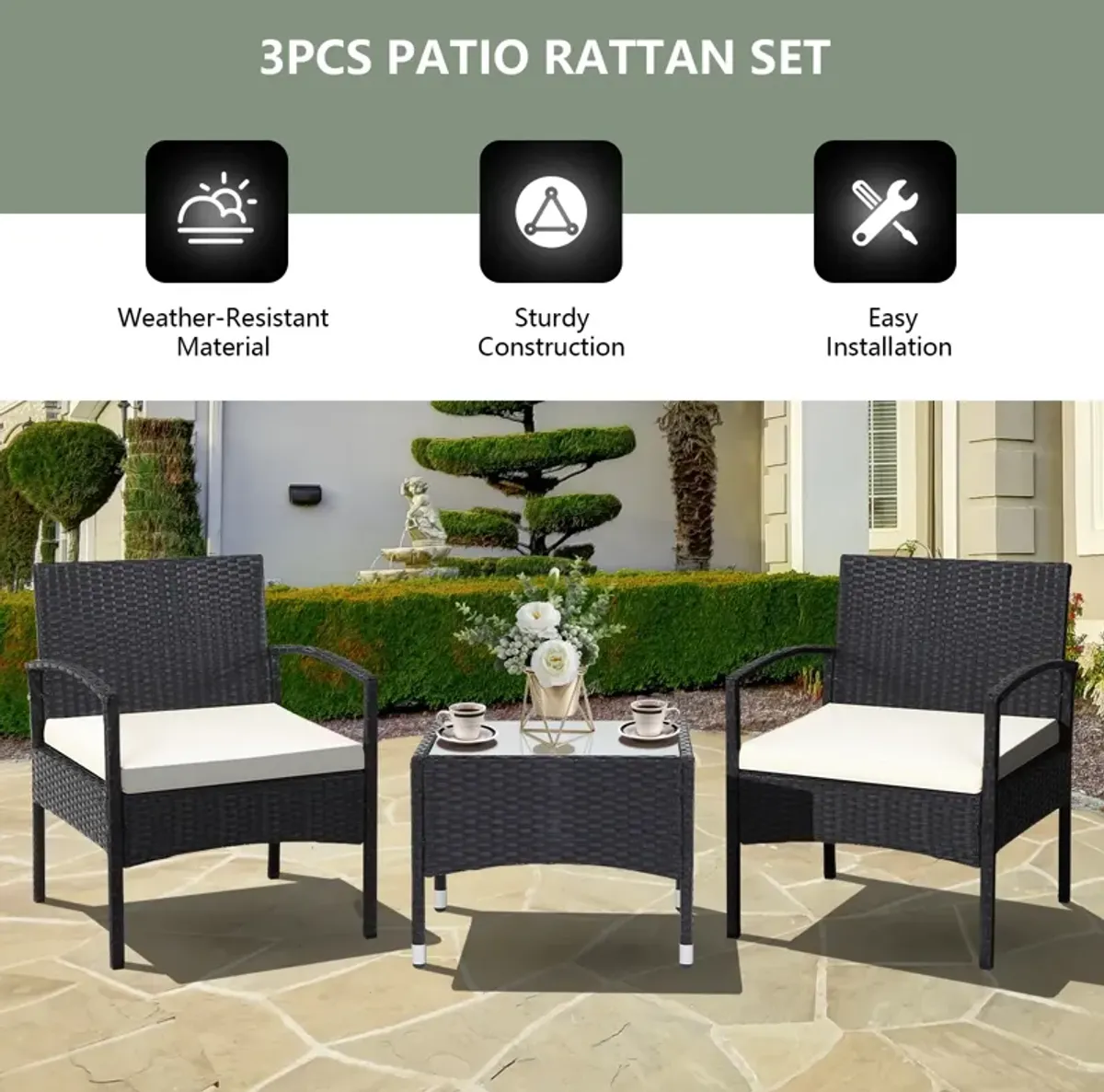 3 Pieces Patio Wicker Rattan Furniture Set with Cushion for Lawn Backyard