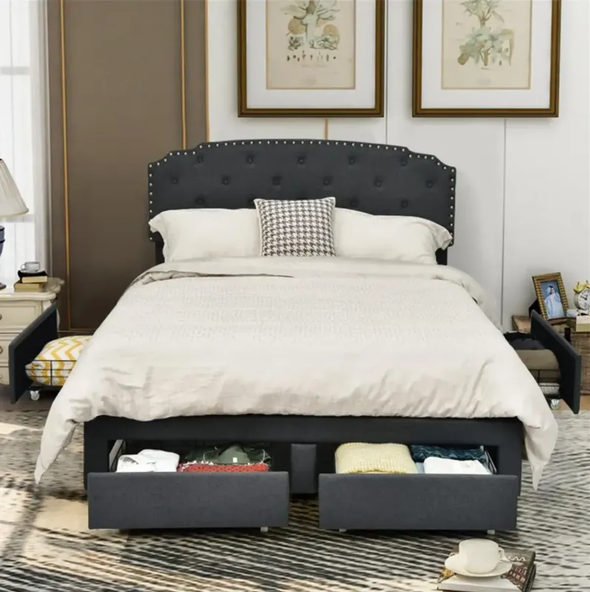 Hivvago Upholstered Bed Frame with 4 Storage Drawers and Adjustable Button-Tufte