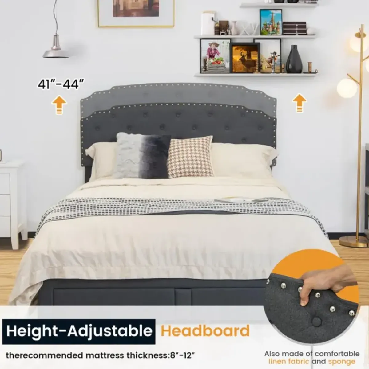 Hivvago Upholstered Bed Frame with 4 Storage Drawers and Adjustable Button-Tufte