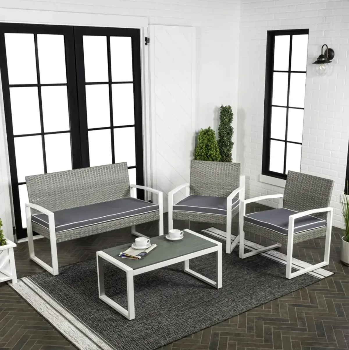 Elina 4-Piece Modern Coastal Faux Wicker Conversation Outdoor Patio Set