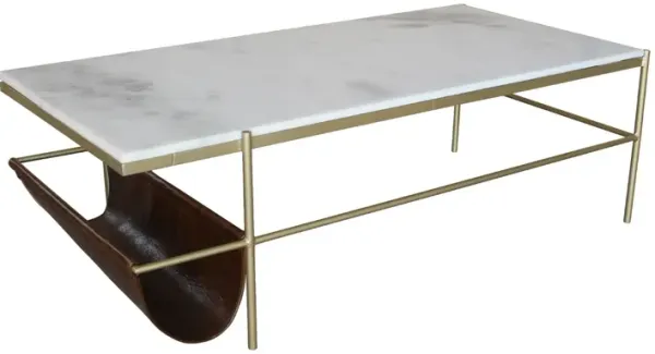 Coffee Table, 47 Inch White Marble Top, Leather Magazine Holder, Gold Frame - Benzara