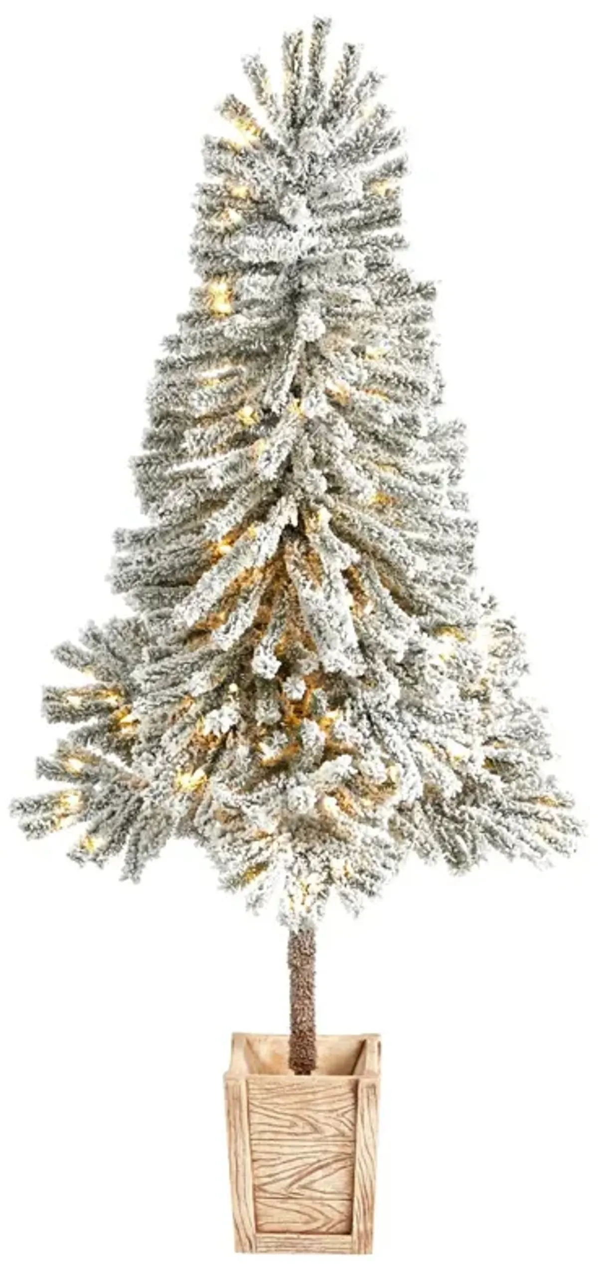 Nearly Natural 5-ft Winter Flocked Leaning Artificial Christmas Tree Pre-Lit with 150 LED Lights and 288 Bendable Branches in Decorative Planter