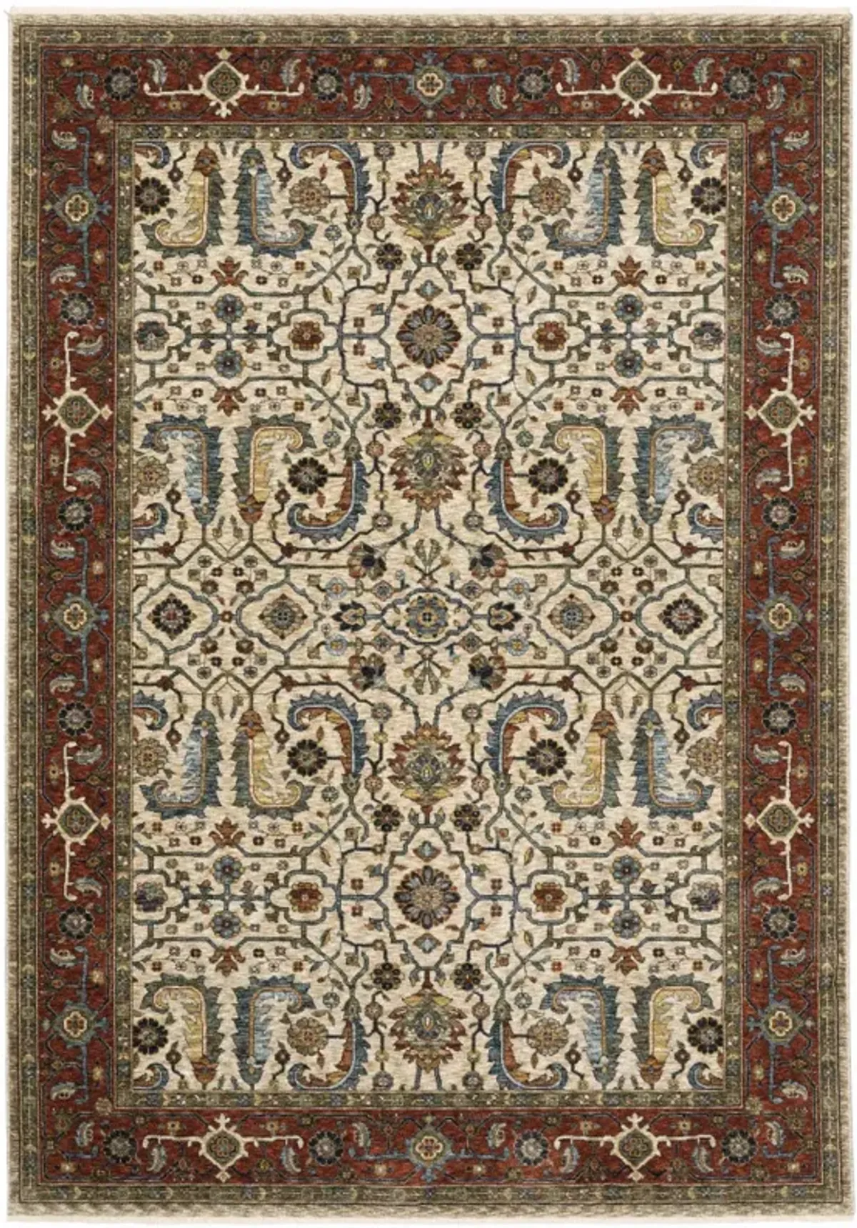 2 X 3 Ivory Red green grey Blue And Navy Oriental Power Loom Stain Resistant Area Rug With Fringe