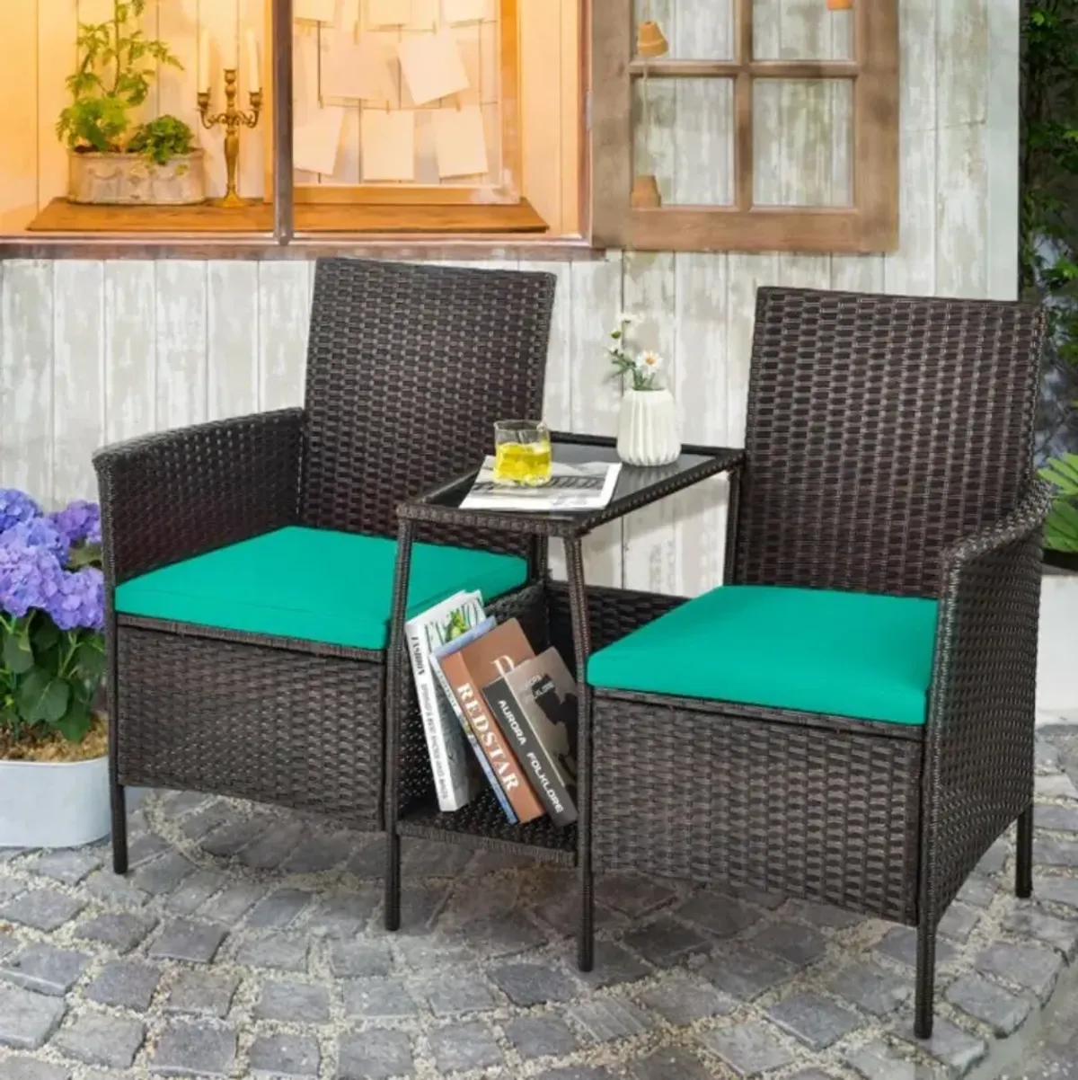 Hivvago Rattan Patio Conversation Set Cushioned with Glass Table