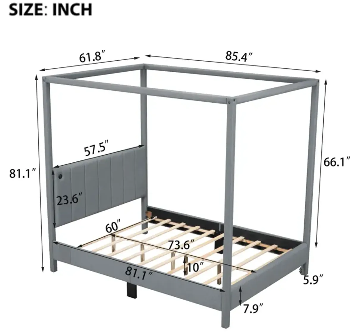 Queen Size Canopy Platform Bed With USB And Type C Ports, Canvas, Gray