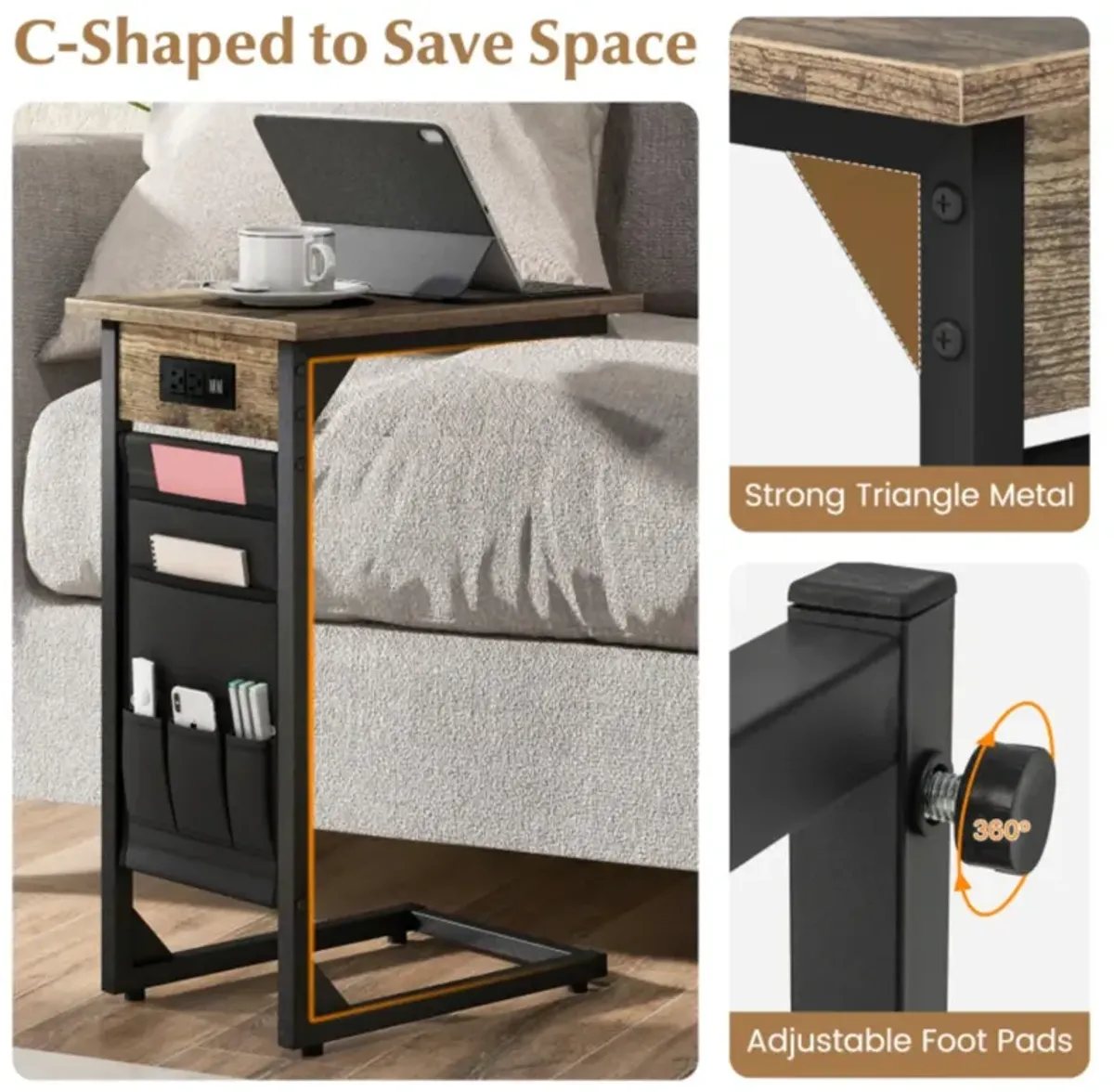 Hivvago Set of 2 C Shaped End Table with Charging Station