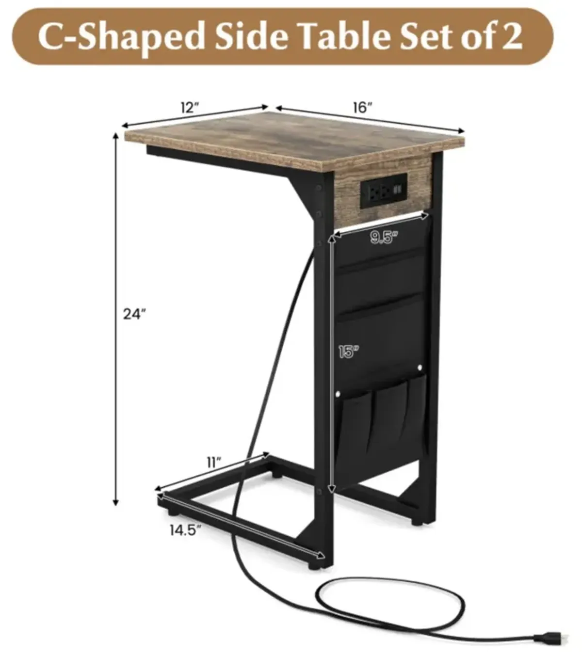 Hivvago Set of 2 C Shaped End Table with Charging Station