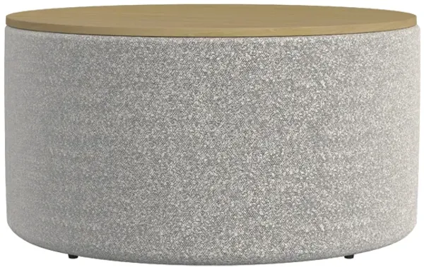 Mesy Storage Ottoman, 30 Inch Round Lift Tray Top, Light Gray Boucle - Benzara