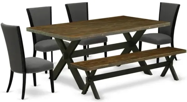 East West Furniture X677VE650-6 6 Piece Dining Set - 4 Dark Gotham Grey Linen Fabric Dining Room Chairs with Nailheads and Distressed Jacobean Dinner Table - 1 Wood Bench - Black Finish