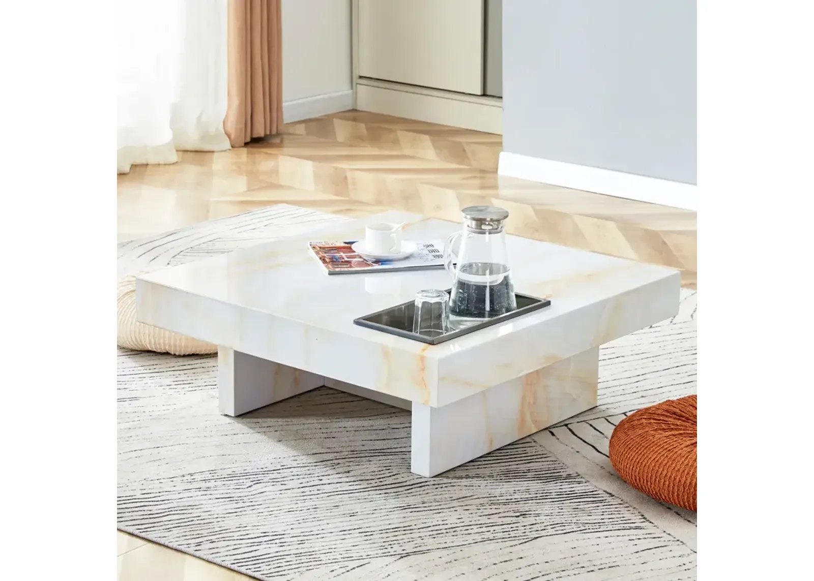 Elegant MDF Coffee Table with Marble Pattern, 31.4"x31.4"x12"