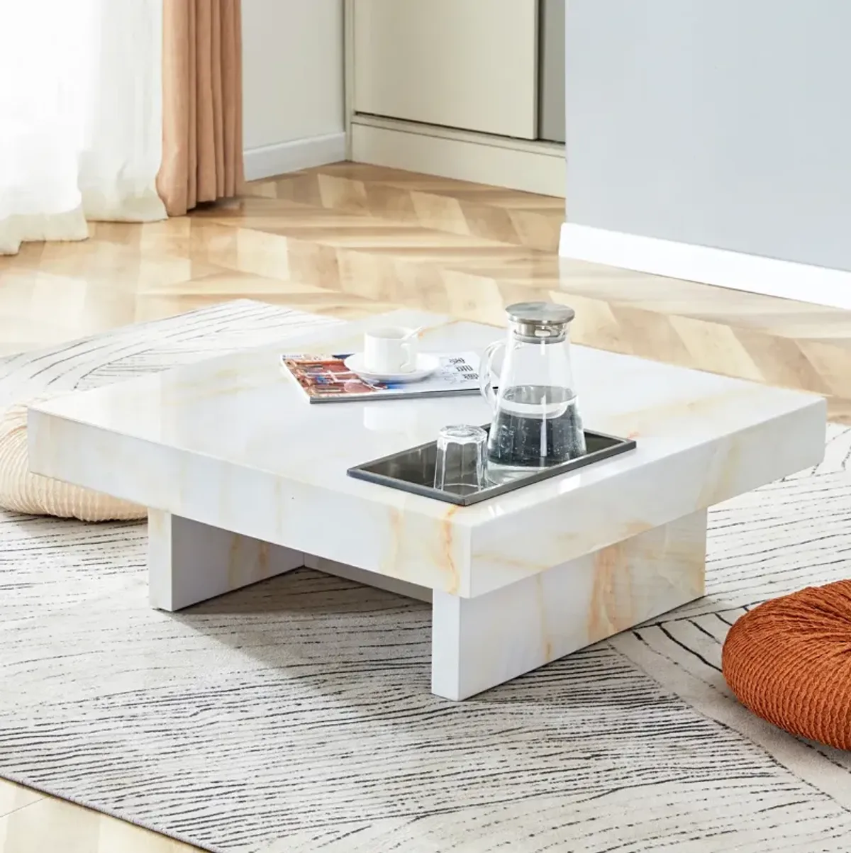 Elegant MDF Coffee Table with Marble Pattern, 31.4"x31.4"x12"