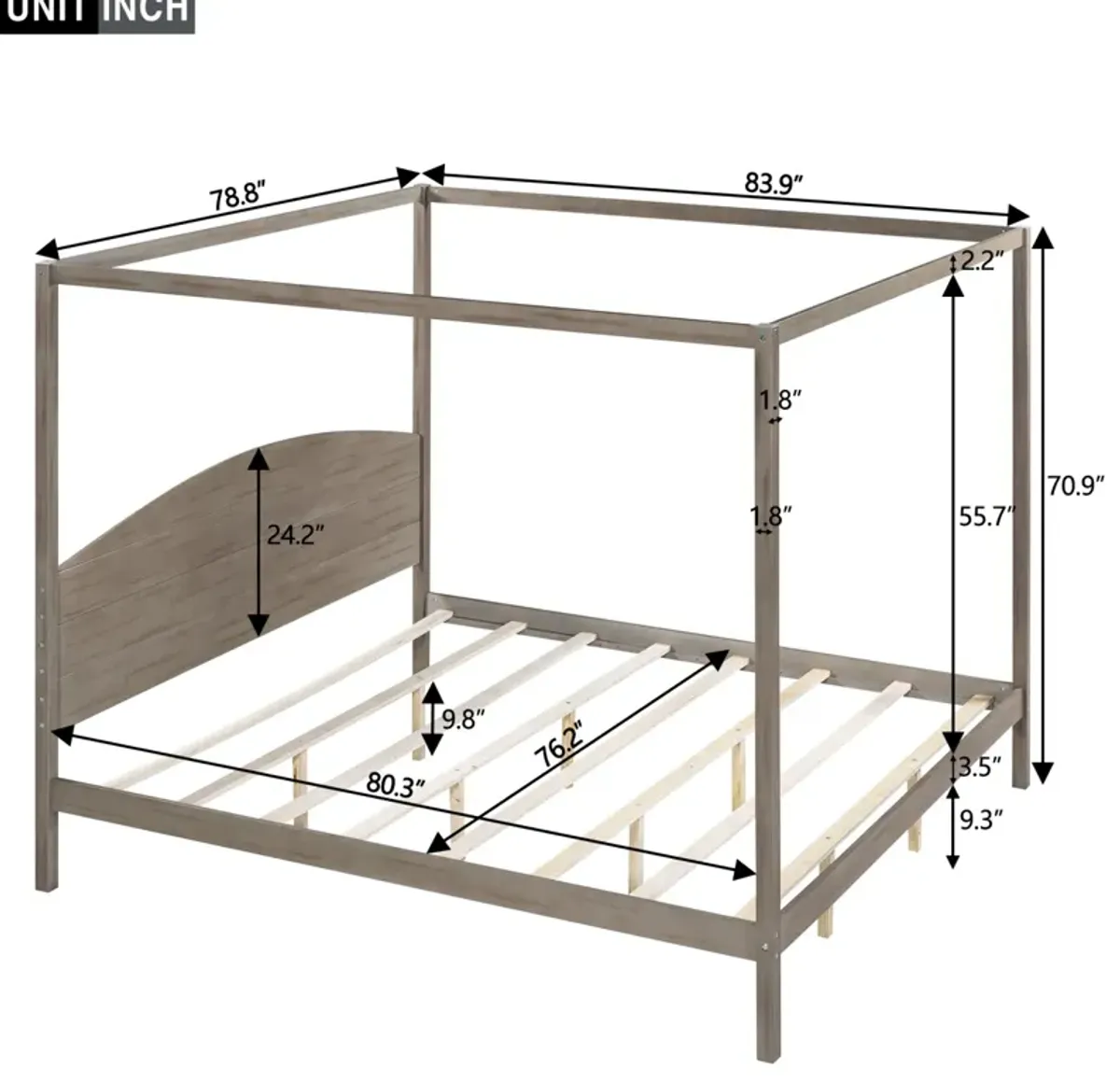 King Size Canopy Platform Bed With Headboard And Support Legs, Wash