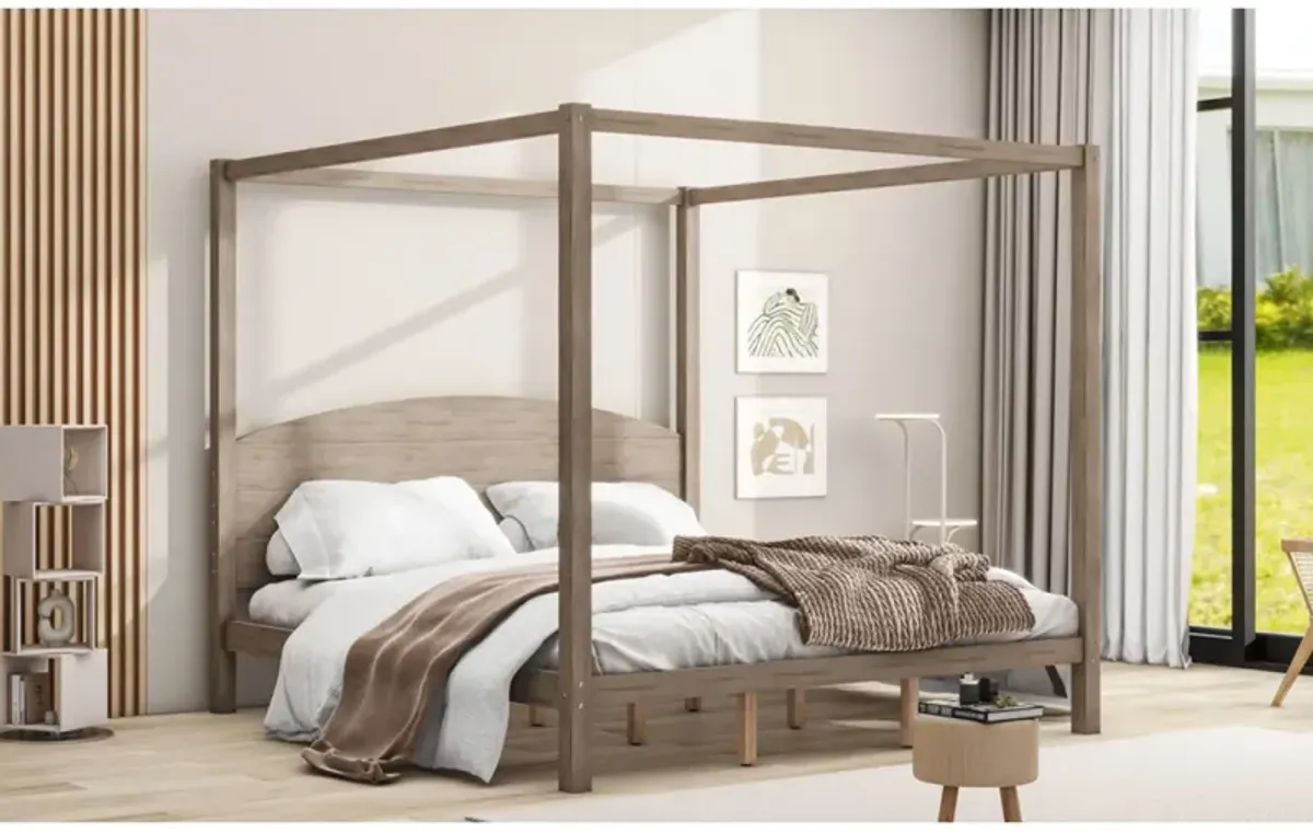 King Size Canopy Platform Bed With Headboard And Support Legs, Wash