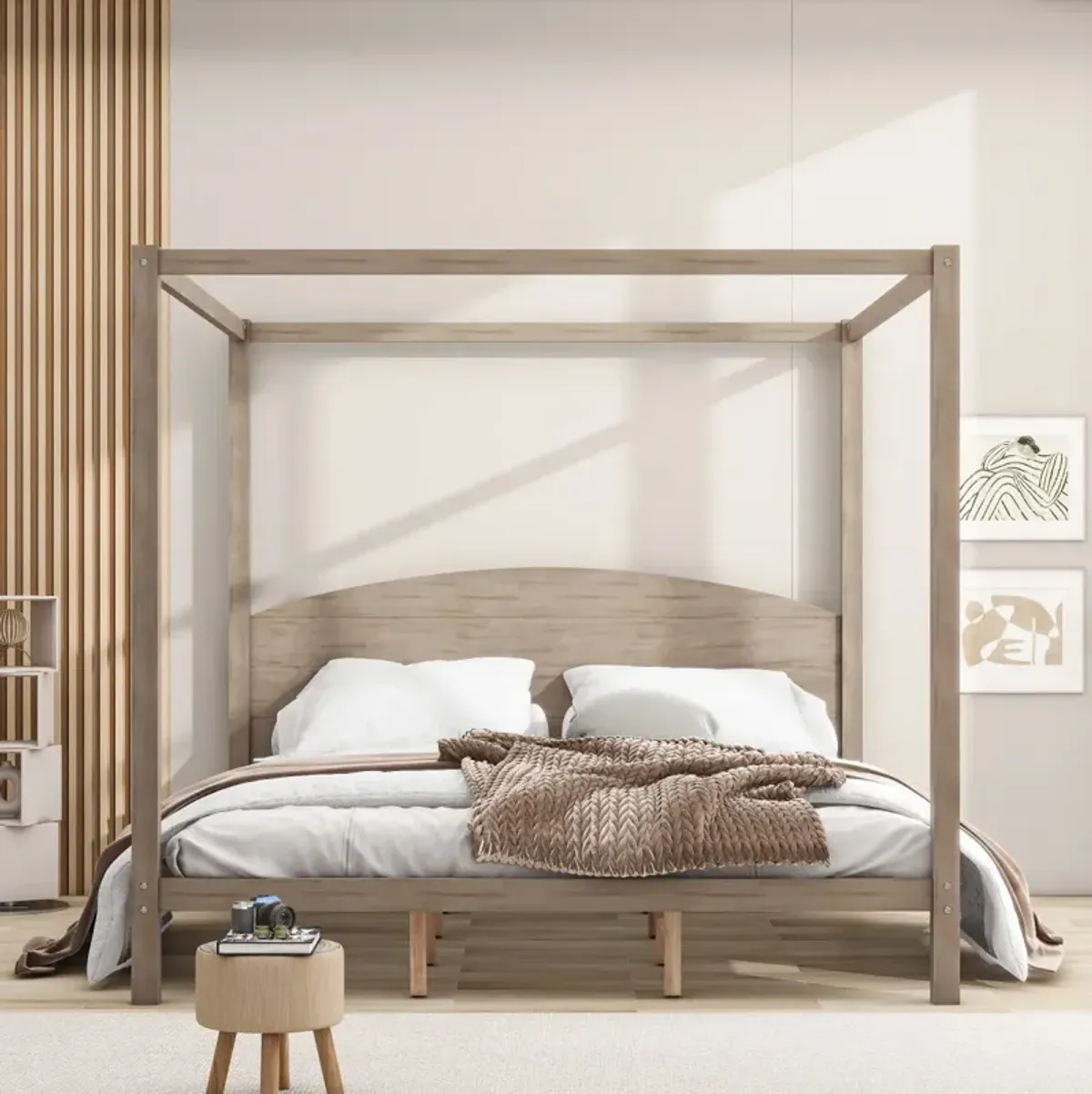 King Size Canopy Platform Bed With Headboard And Support Legs, Wash