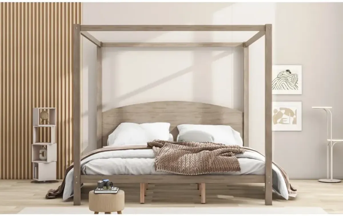 King Size Canopy Platform Bed With Headboard And Support Legs, Wash