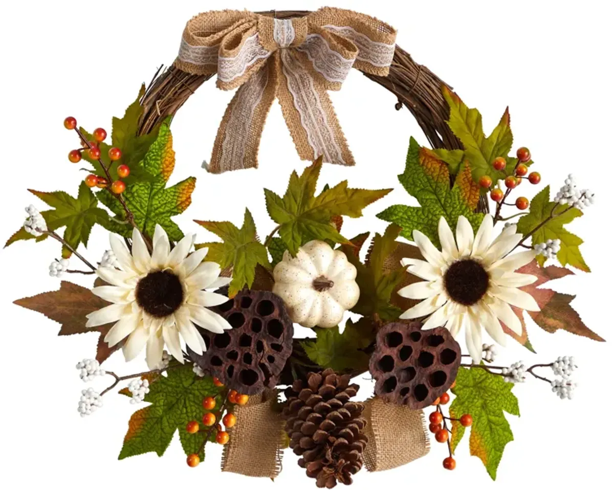 Hivvago 20" Autumn Sunflower, White Pumpkin and Dried Lotus Pod Artificial Fall Wreath with Decorative Bow