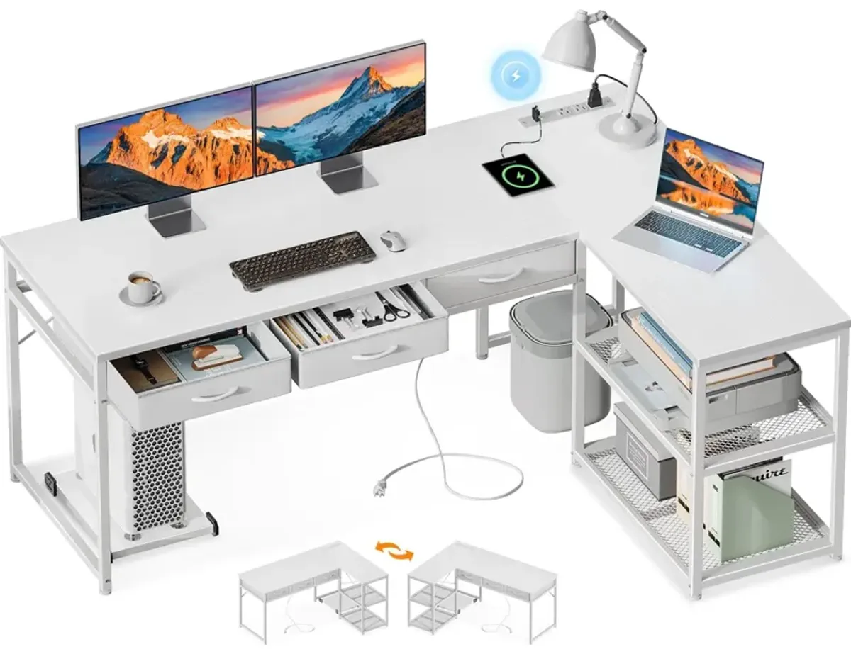AODK 61 Inch L Shaped Computer Desk with Drawers, Corner Desk with Power Outlets & Reversible Storage Shelves, Movable CPU Stand