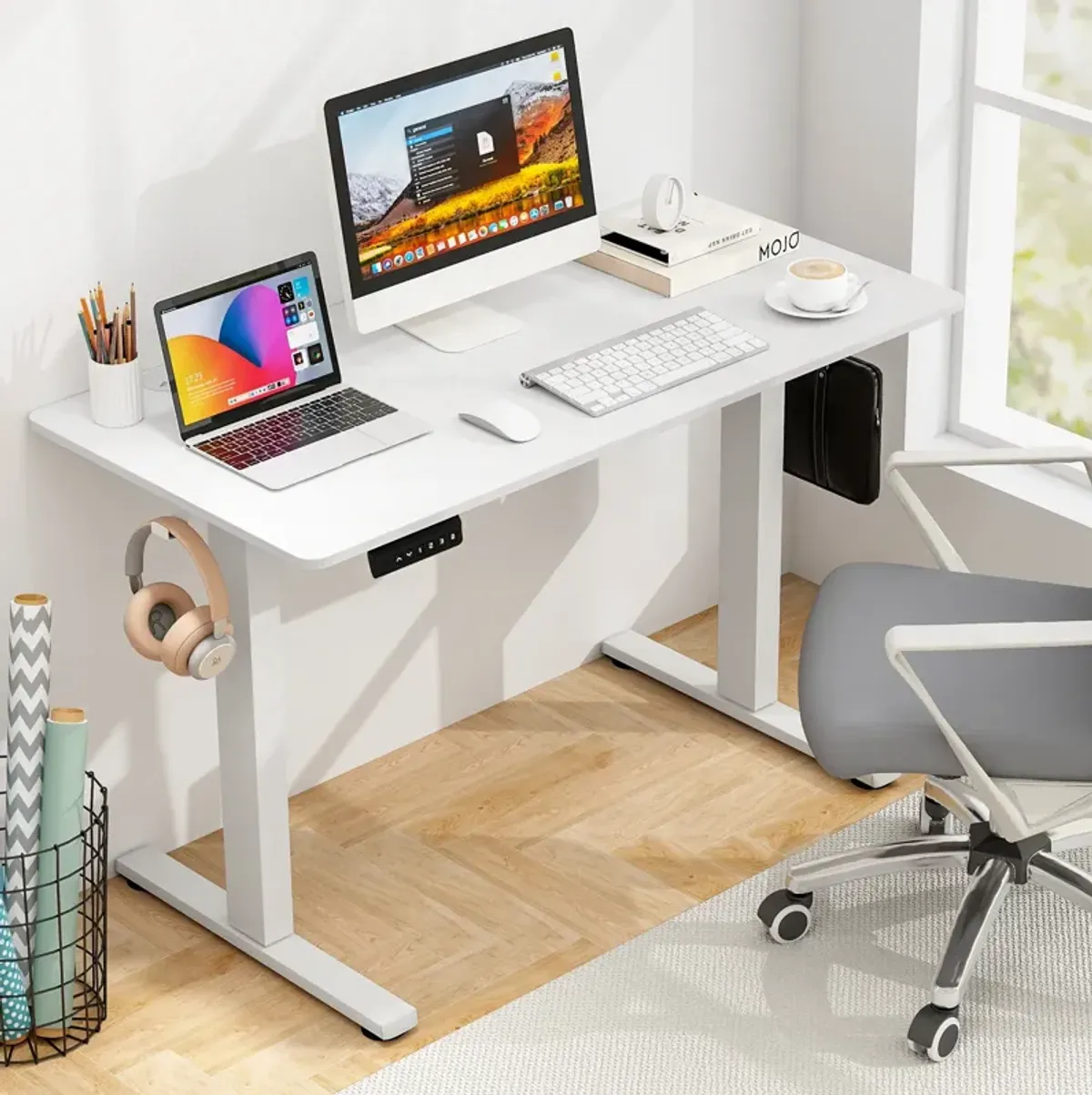 Adjustable Electric Standing Desk with 3 Memory Height Settings, Cable Management, and Hooks