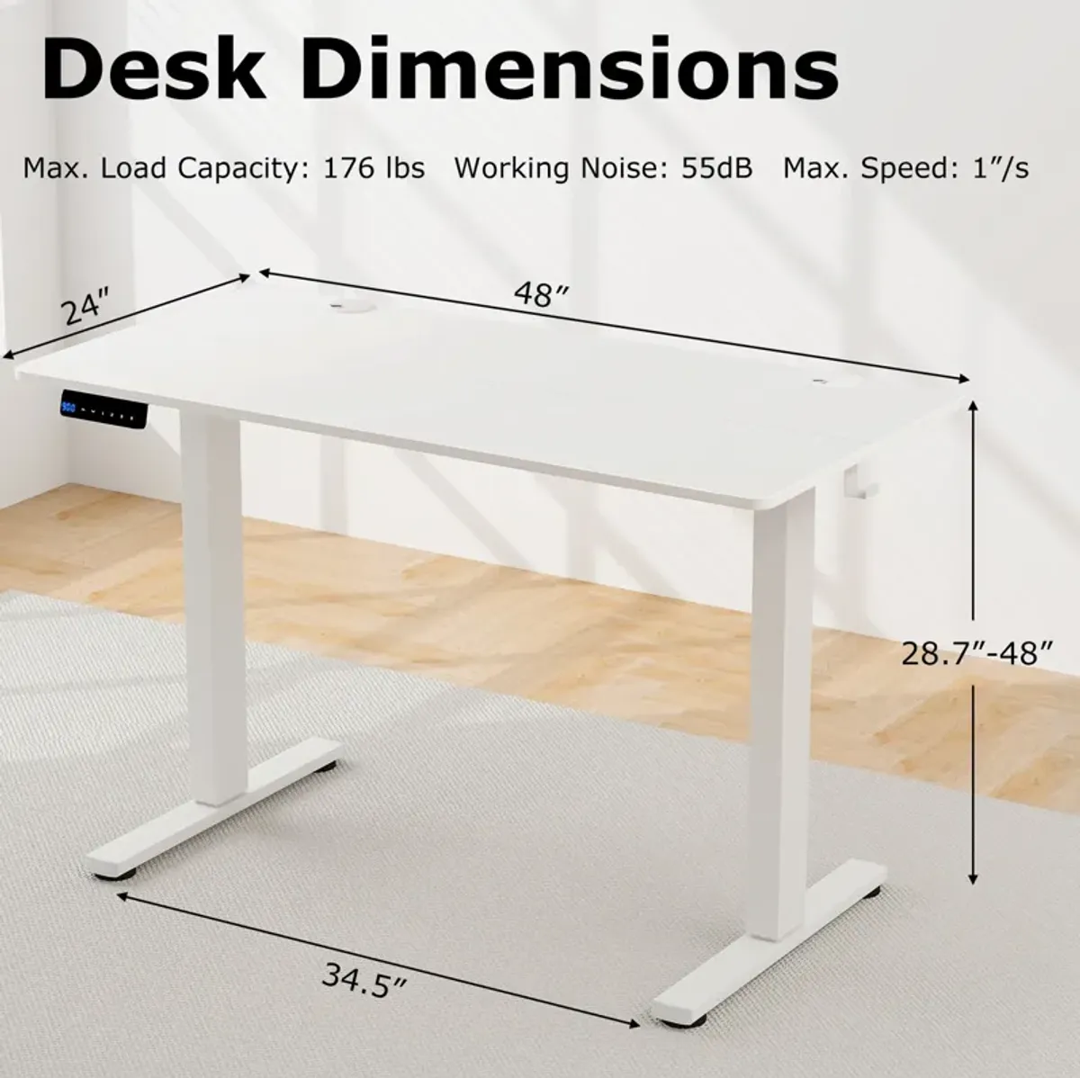 Adjustable Electric Standing Desk with 3 Memory Height Settings, Cable Management, and Hooks