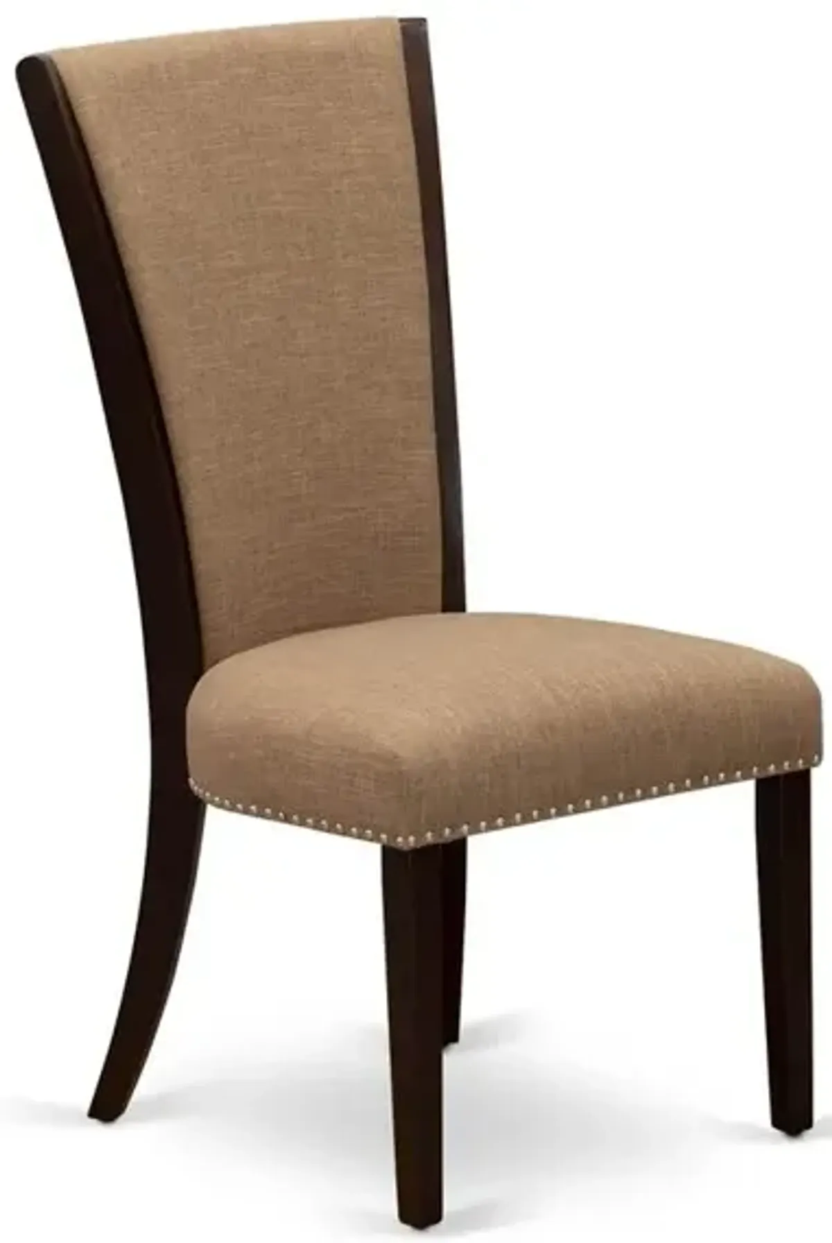 East West Furniture - Set of 2 - Upholstered Dining Chair- Wooden Chairs Includes Mahogany Solid Wood Structure with Light Sable Linen Fabric Seat with Nail Head and Stylish Back