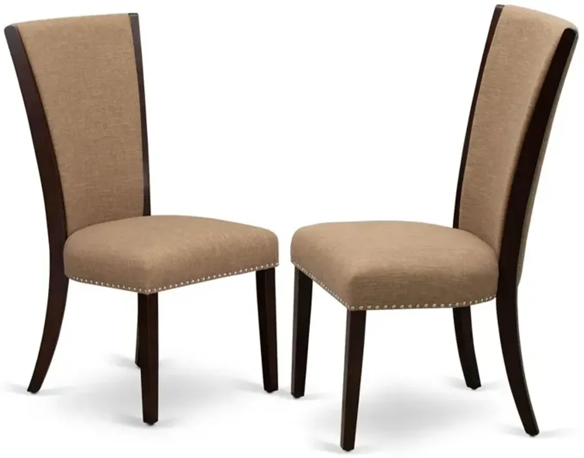 East West Furniture - Set of 2 - Upholstered Dining Chair- Wooden Chairs Includes Mahogany Solid Wood Structure with Light Sable Linen Fabric Seat with Nail Head and Stylish Back